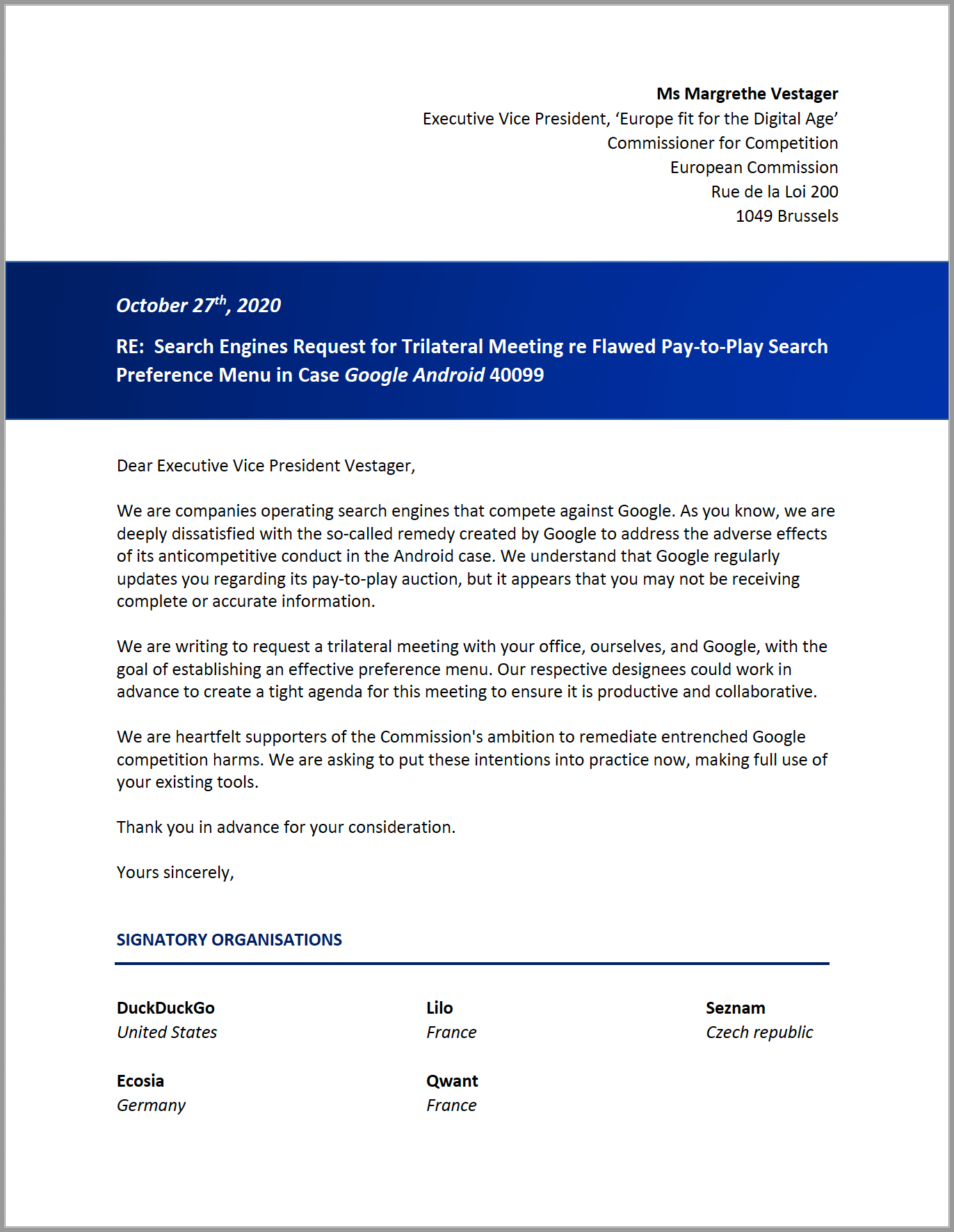 Letter to the EU